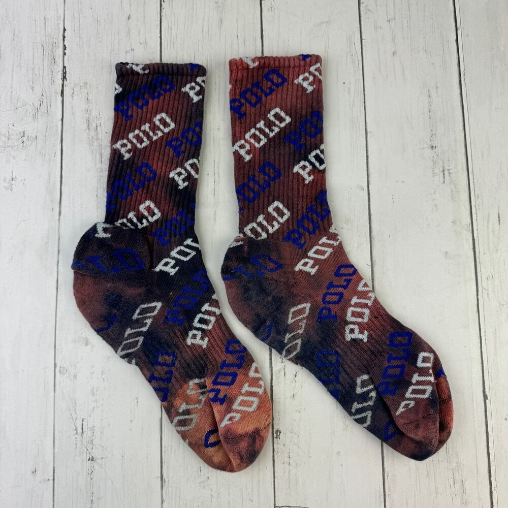 POLO Ralph Lauren All Over Logo Spell-out Tie-Dye Crew Socks Unisex - Picture 3 of 10